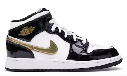 Jordan 1 Mid Patent Black White Gold